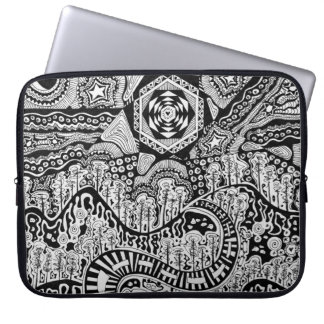 hand drawn black and white ink landscape laptop sleeve