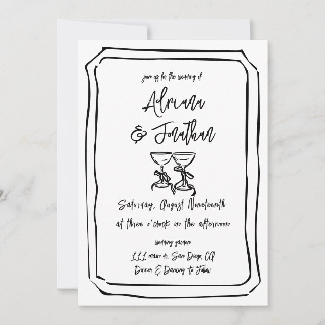 Hand Drawn Black and White Wedding QR code Invitation (Front)