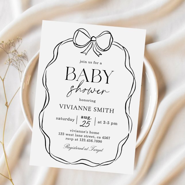 Hand Drawn Black Bow Baby Girl Shower Invitation (Creator Uploaded)
