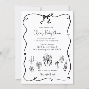 Hand Drawn Black Bow Baby Shower Invitation
