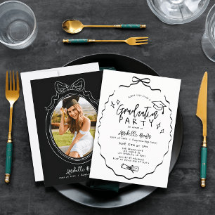 Hand-drawn Black Bow Cap Photo Graduation Party Invitation