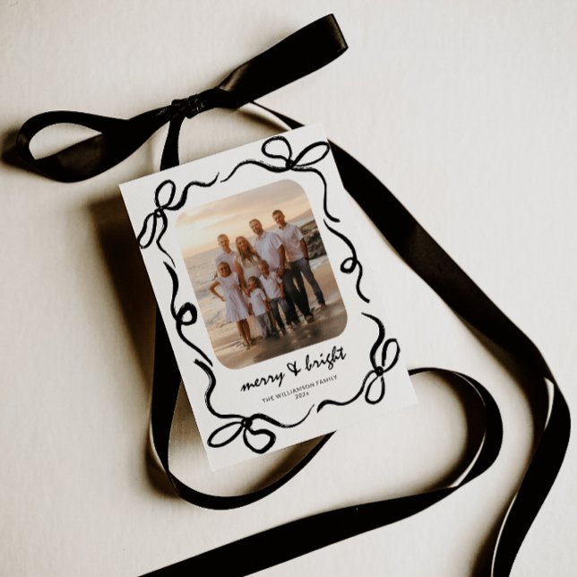 Hand Drawn Black Bow Family Photo Christmas Holiday Card (Trendy Modern Black Bow Christmas Card)