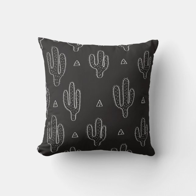 Hand Drawn Black Cactus Pattern Cushion (Front)