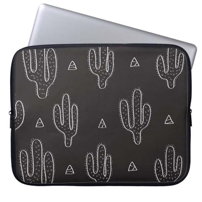 Hand Drawn Black Cactus Pattern Laptop Sleeve (Front)