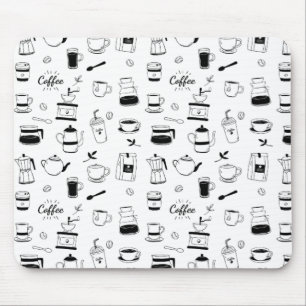 Hand Drawn Black Coffee and Cafe Pattern Mouse Mat
