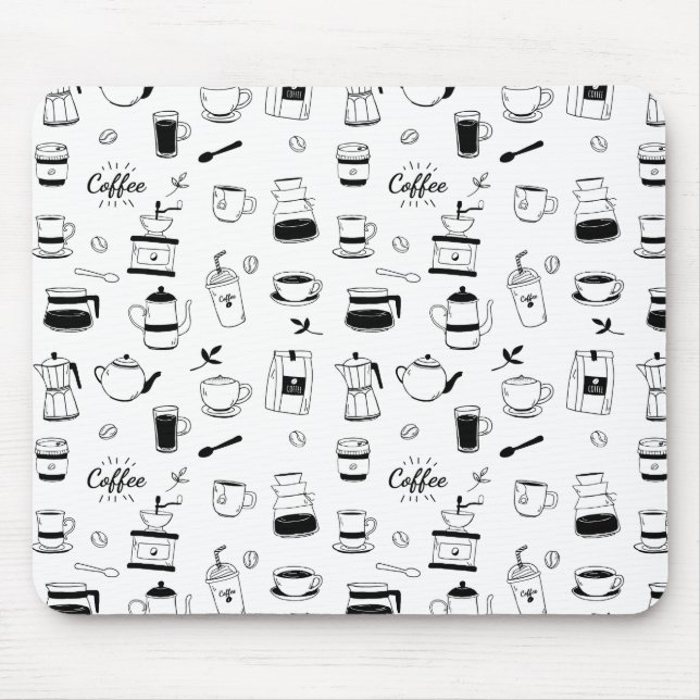 Hand Drawn Black Coffee and Cafe Pattern Mouse Mat (Front)