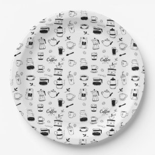 Hand Drawn Black Coffee and Cafe Pattern Paper Plate