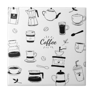 Hand Drawn Black Coffee and Cafe Pattern Tile