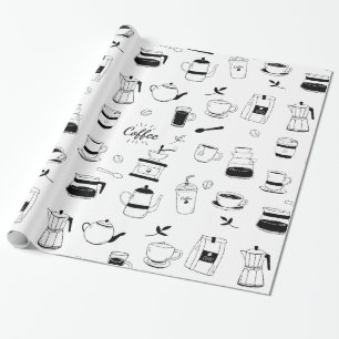Hand Drawn Black Coffee and Cafe Pattern Wrapping Paper