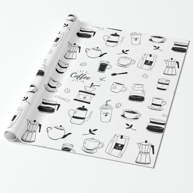 Hand Drawn Black Coffee and Cafe Pattern Wrapping Paper (Unrolled)