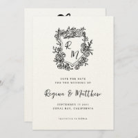 Hand Drawn Black Floral Crest Monogram Wedding