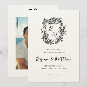 Hand Drawn Black Floral Crest Monogram Wedding Save The Date