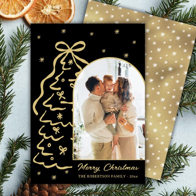 Hand-Drawn Black Gold Christmas Tree Arch Photo Holiday Card (Creator Uploaded)