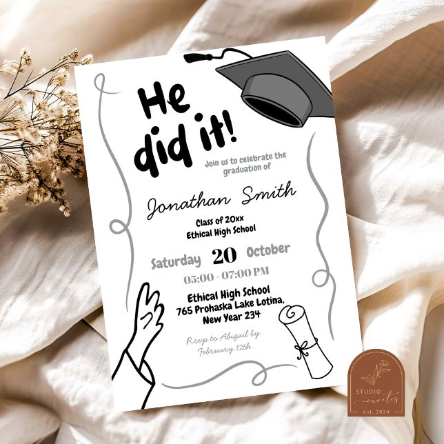 Hand Drawn Black He Did It Graduation Invitation (Creator Uploaded)