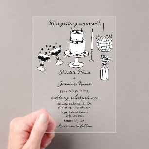 Hand Drawn Black Illustrations Doodles Wedding Acrylic Invitations
