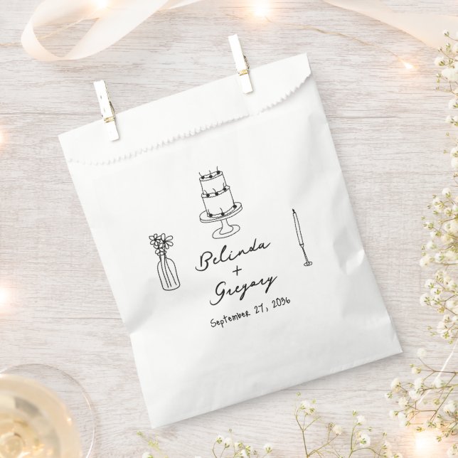 Hand Drawn Black Illustrations Doodles Wedding Favour Bags (Clipped)