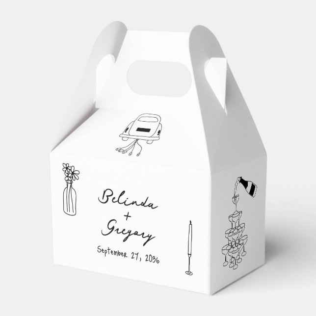 Hand Drawn Black Illustrations Doodles Wedding Favour Box (Front Side)