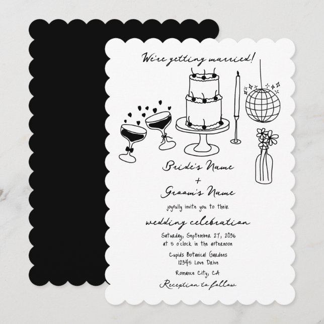 Hand Drawn Black Illustrations Doodles Wedding Invitation (Front/Back)
