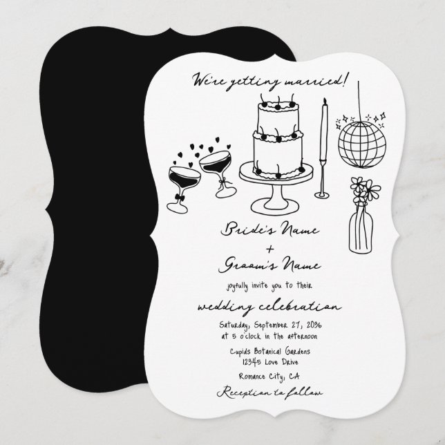 Hand Drawn Black Illustrations Doodles Wedding Invitation (Front/Back)