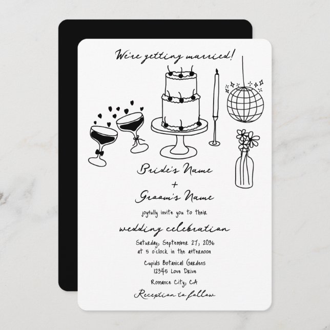 Hand Drawn Black Illustrations Doodles Wedding Invitation (Front/Back)
