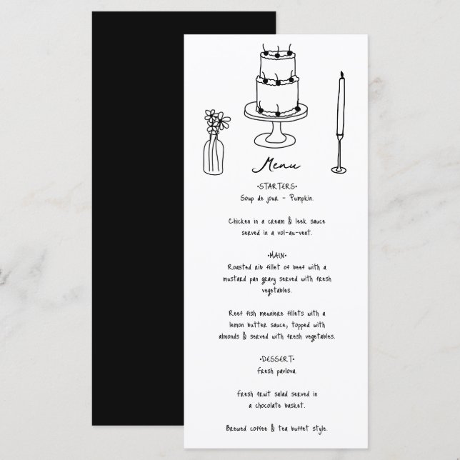 Hand Drawn Black Illustrations Doodles Wedding Menu (Front/Back)