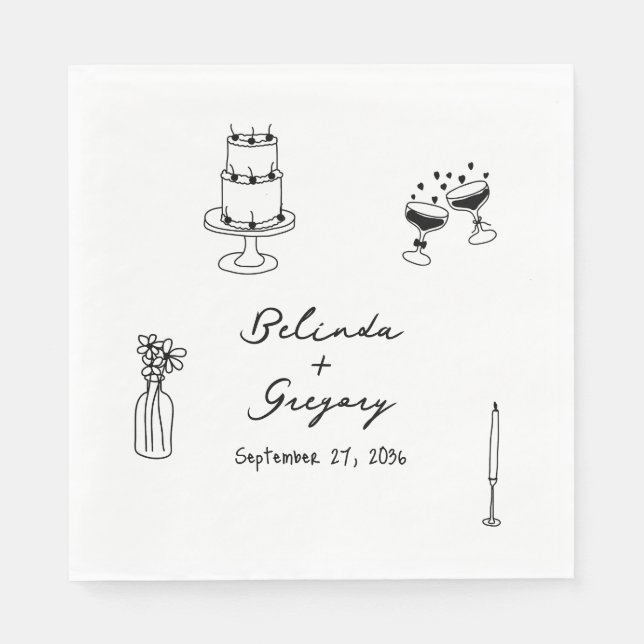 Hand Drawn Black Illustrations Doodles Wedding Napkin (Front)