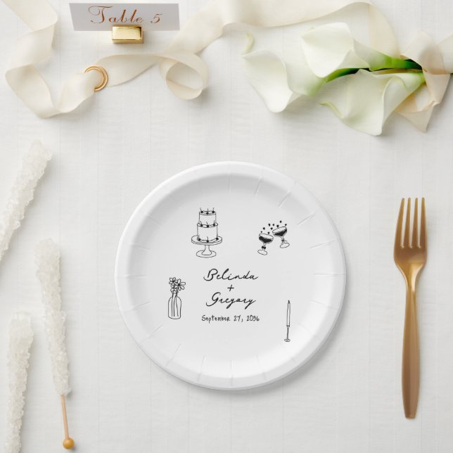 Hand Drawn Black Illustrations Doodles Wedding Paper Plate (Wedding)