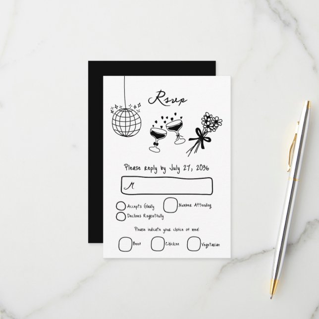 Hand Drawn Black Illustrations Doodles Wedding RSVP Card (Front/Back In Situ)