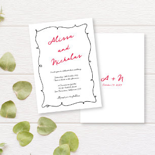 Hand Drawn Black & Red Border Monogrammed Wedding Invitation