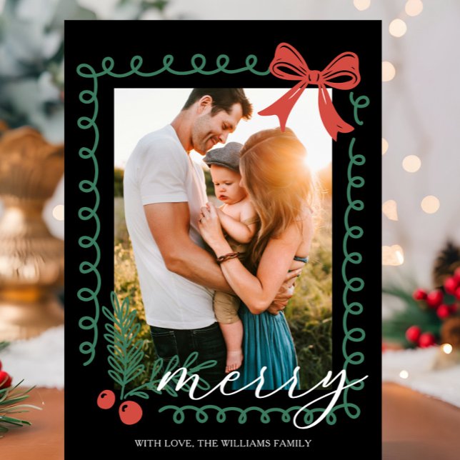 Hand Drawn Black Red Green Merry Christmas Holiday Card (Red and green holiday card with hand drawn spiral border, holly, berries, bow, and “Merry” greeting.)