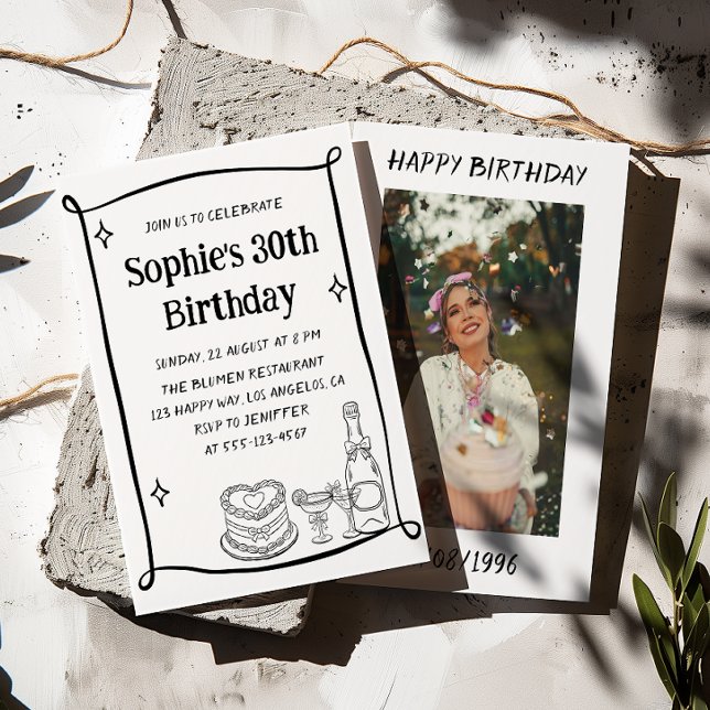 Hand Drawn Black & White 30TH Birthday Photo  Invitation (Creator Uploaded)
