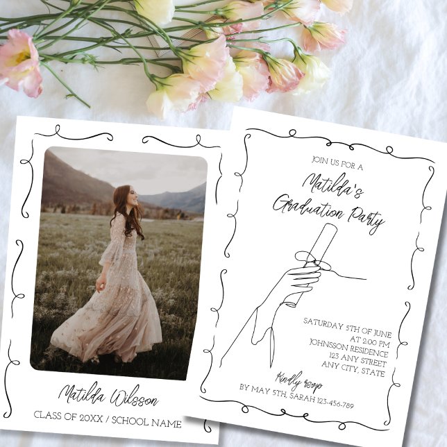 Hand Drawn Black & White Chic Photo Graduation Invitation (Hand Drawn Black & White Chic Photo Graduation Invitation class of 2024)