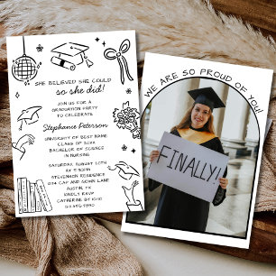 Hand Drawn Black & White Doodle Photo Graduation Invitation
