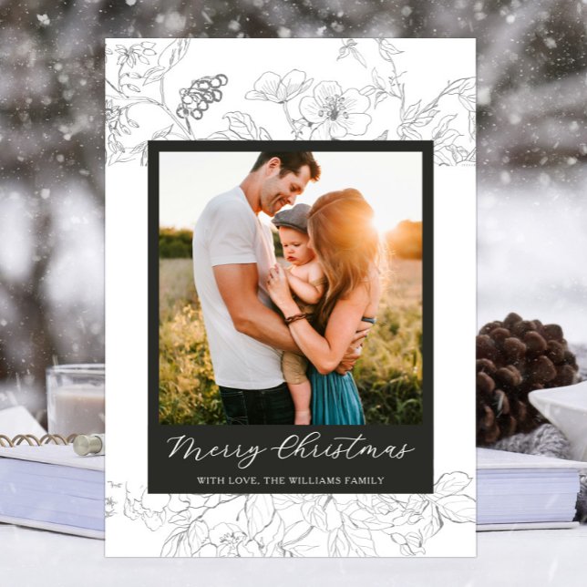 Hand Drawn Black & White Floral Merry Christmas Holiday Card (Modern Script Hand drawn floral Merry Christmas Holiday Photo card with black and white wildflowers)