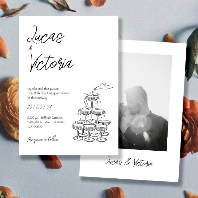 Hand Drawn black&white photo Whimsical Wedding  Invitation (Creator Uploaded)