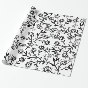 Hand drawn black white watercolor flowers wrapping paper