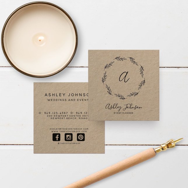 Hand Drawn Black Wreath Monogram Initial Kraft Square Business Card (Creator Uploaded)