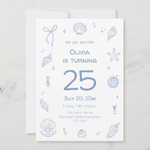 Hand Drawn Blue Beach Birthday Party  Invitation