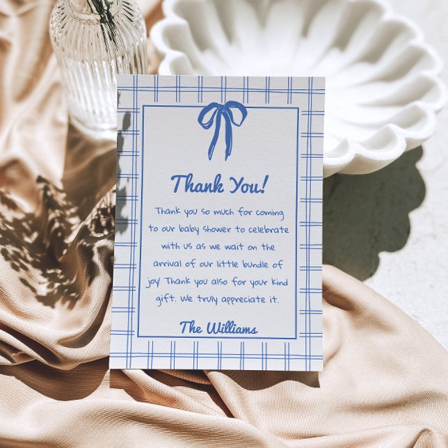 Hand Drawn Blue Bow Gingham Bow Baby Shower   Thank You Card (Creator Uploaded)