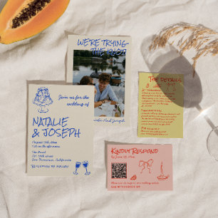 Hand Drawn Blue Cake Bows Funky Unique Wedding  Invitation