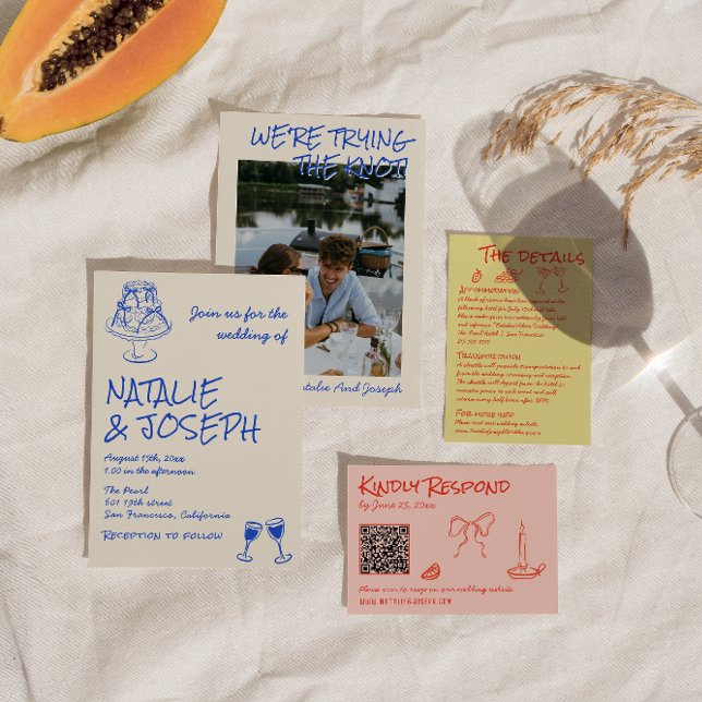 Hand Drawn Blue Cake Bows Funky Unique Wedding  Invitation (Creator Uploaded)