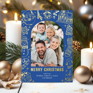 Hand-Drawn Blue Christmas Photo Gold Foil Holiday Card