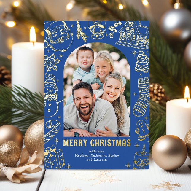 Hand-Drawn Blue Christmas Photo Gold Foil Holiday Card (Creator Uploaded)