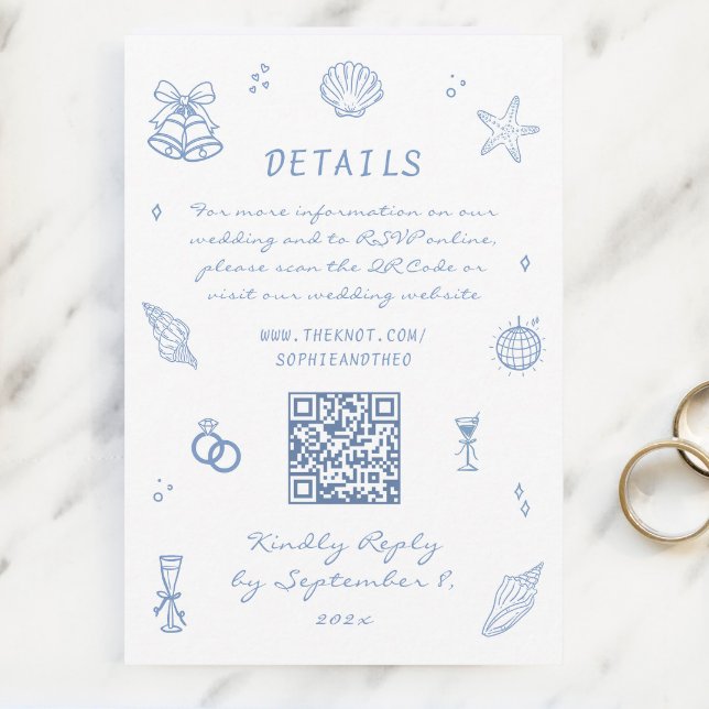 Hand Drawn Blue Coastal Wedding Details QR Code Enclosure Card (Creator Uploaded)