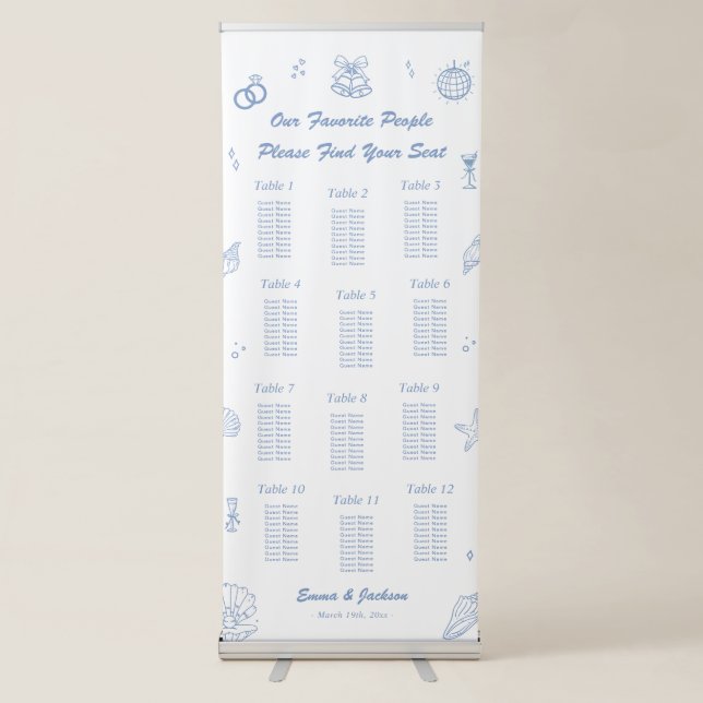 Hand Drawn Blue Coastal Wedding Seating Chart Retractable Banner (Front)
