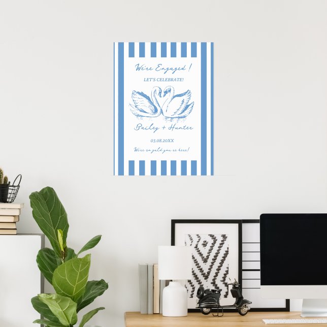 hand drawn blue  Couple Swan Whimsical Wedding Poster (Home Office)