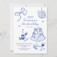 Hand-Drawn Blue Disco Ball & Cake Trendy Birthday