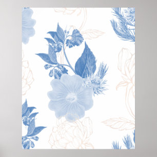 Hand drawn blue flower patterned background  poster