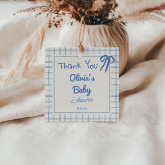 Hand Drawn Blue Gingham Bow Baby Boy Shower Favour Tags