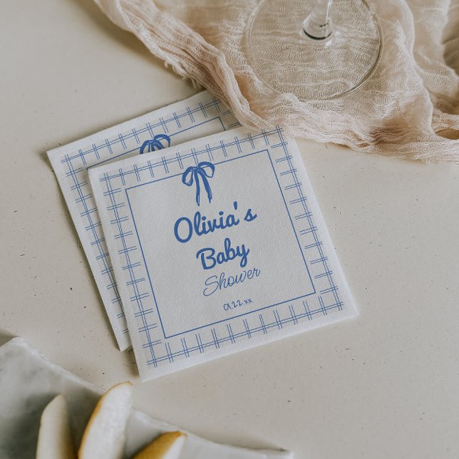 Hand Drawn Blue Gingham Bow Baby Boy Shower  Napkin (Creator Uploaded)